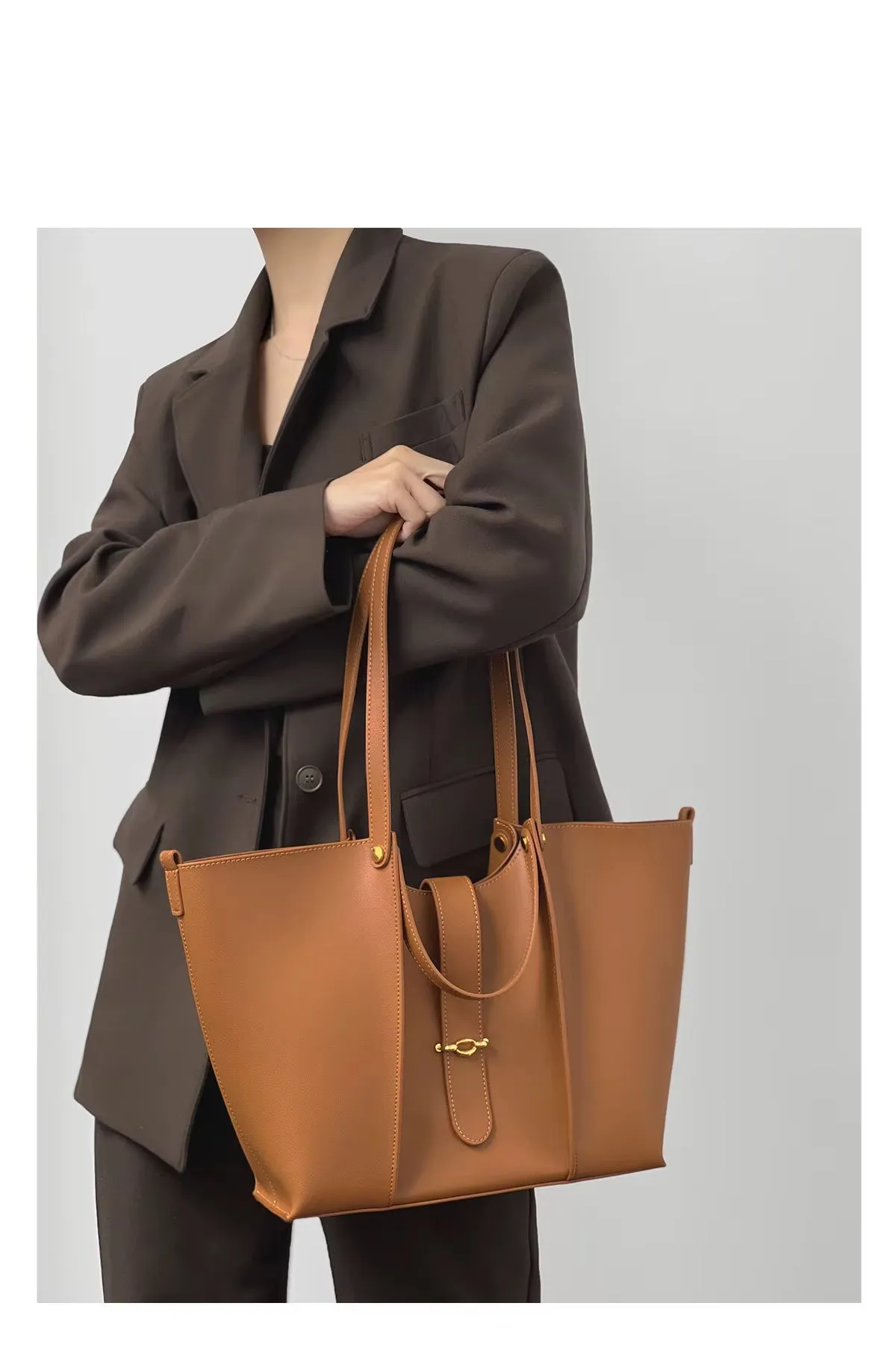 Premium Designed Large Capacity Tote Bags Women Split Leather Shoulder Crossbody Bag Metal Decoration