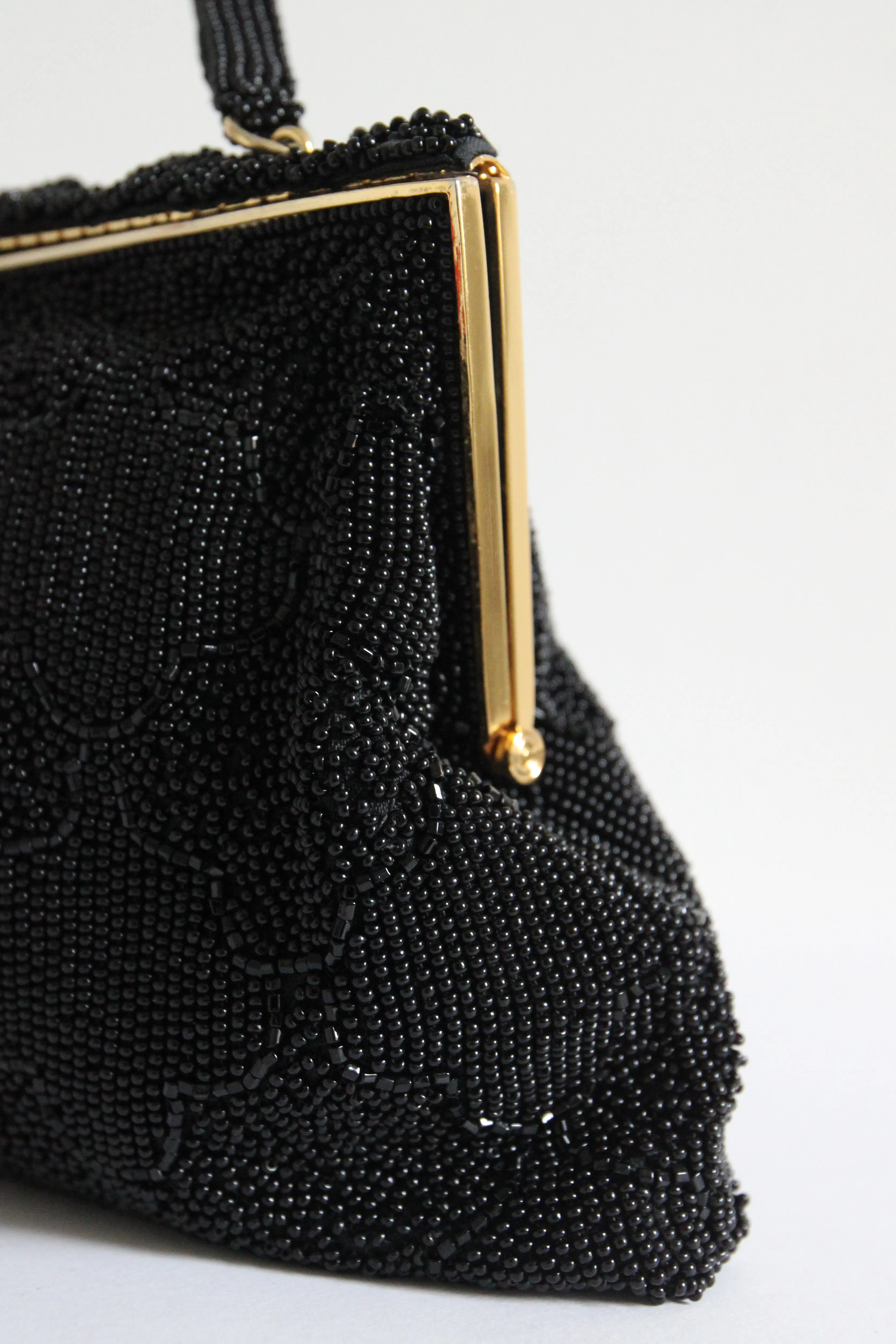 "Scalloped Diamond Beadwork" Vintage 1950's Black Beaded Evening Bag