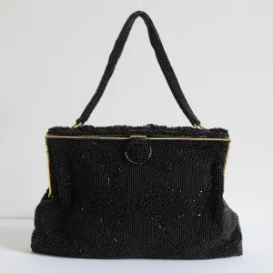 "Scalloped Diamond Beadwork" Vintage 1950's Black Beaded Evening Bag