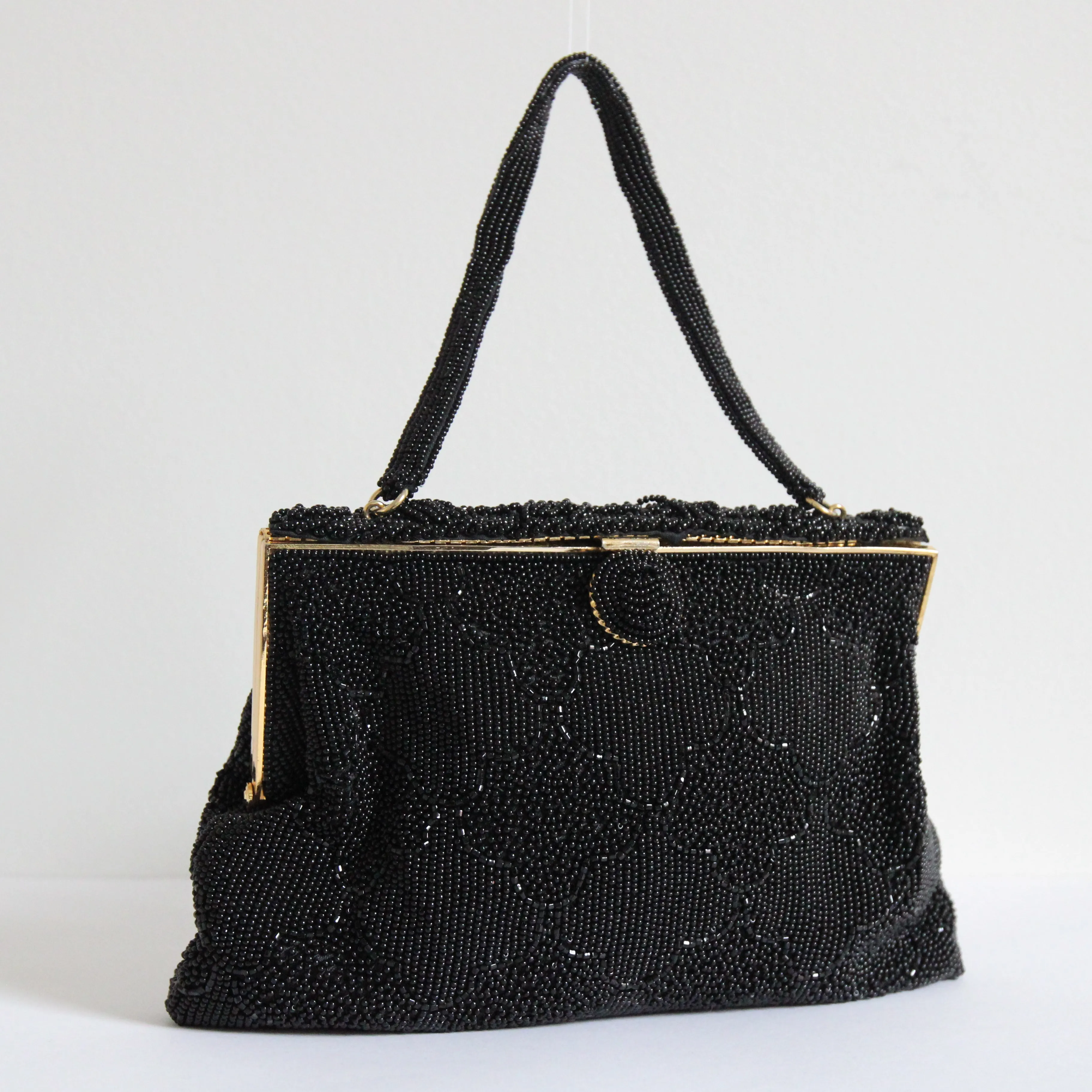 "Scalloped Diamond Beadwork" Vintage 1950's Black Beaded Evening Bag