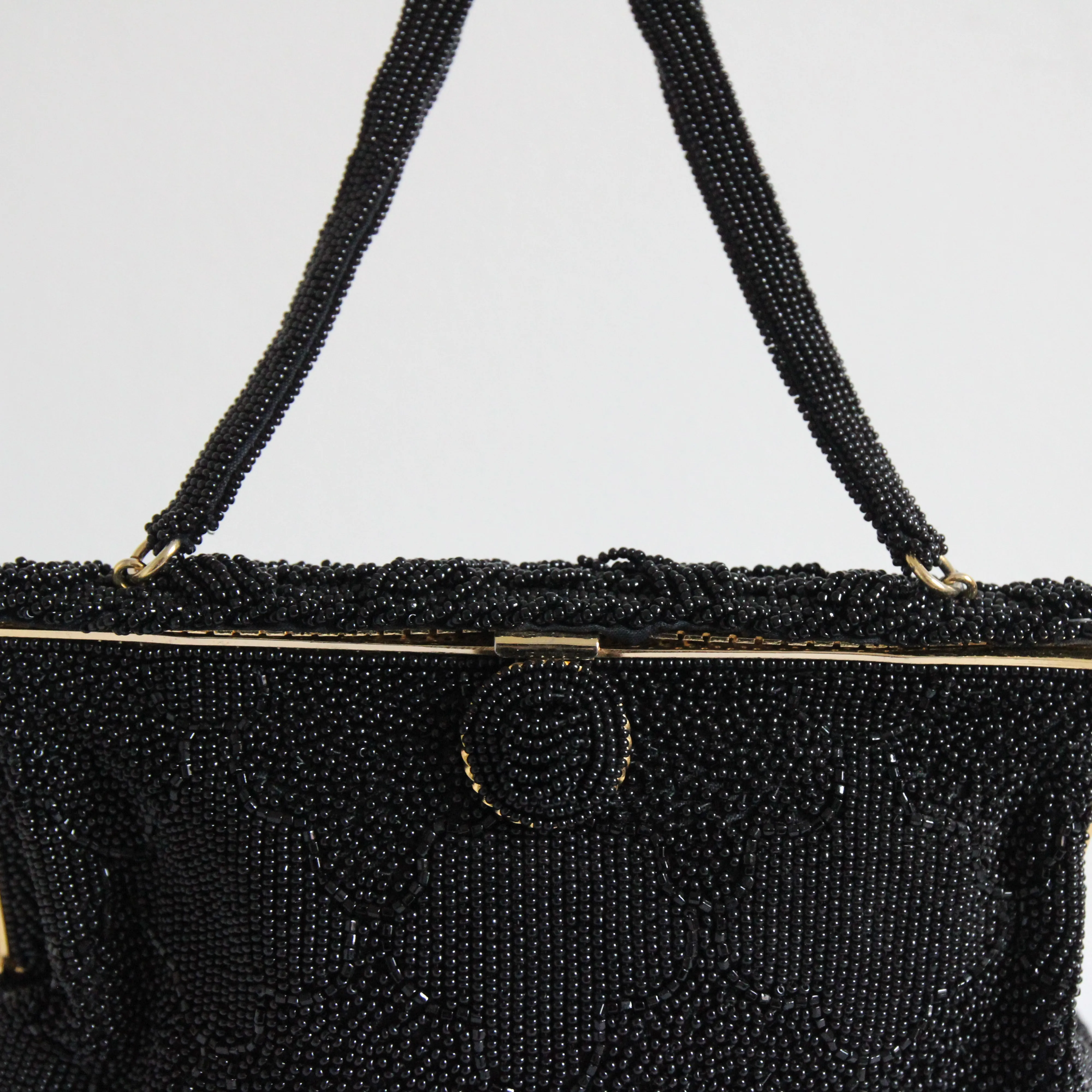 "Scalloped Diamond Beadwork" Vintage 1950's Black Beaded Evening Bag