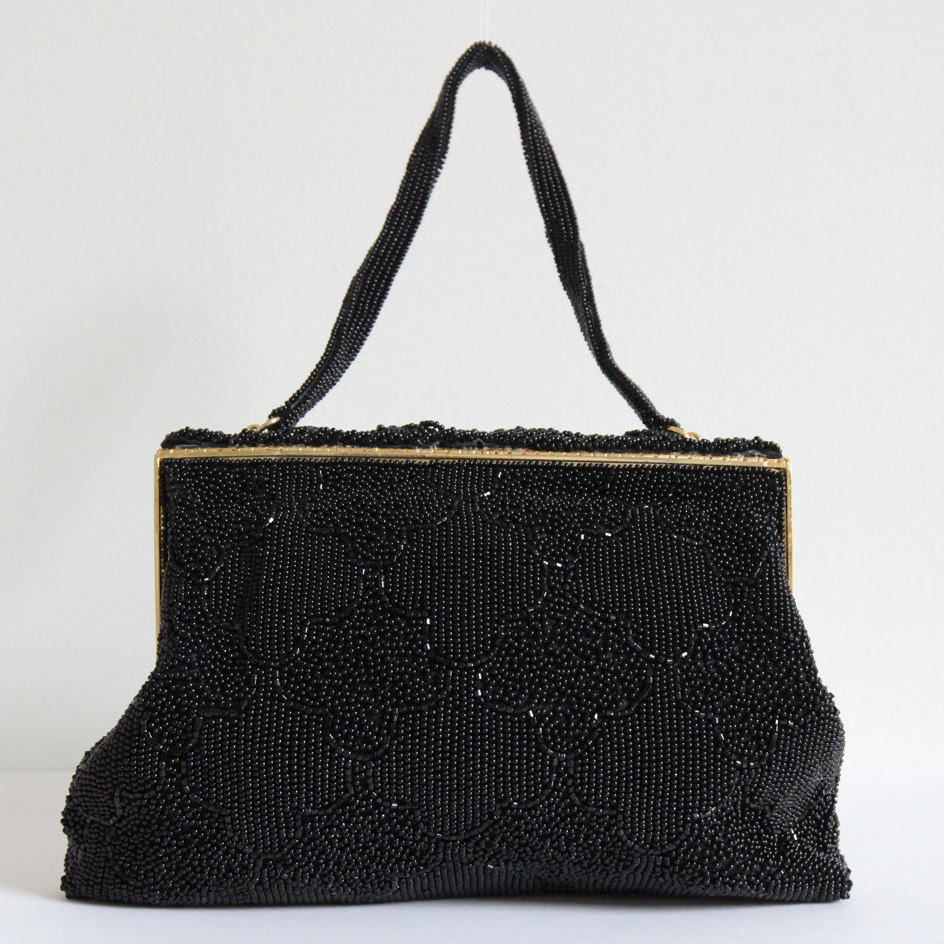 "Scalloped Diamond Beadwork" Vintage 1950's Black Beaded Evening Bag