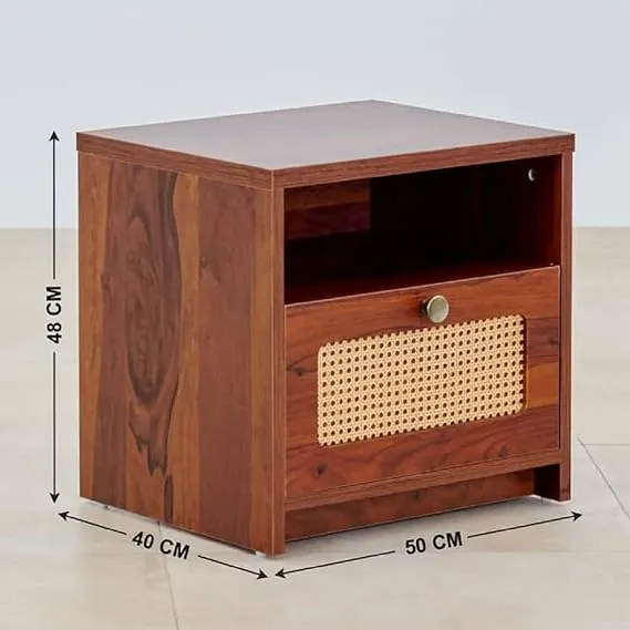 Rattan Elegance Series Solid Mango Wood Bedside Table With Drawer