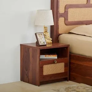 Rattan Elegance Series Solid Mango Wood Bedside Table With Drawer
