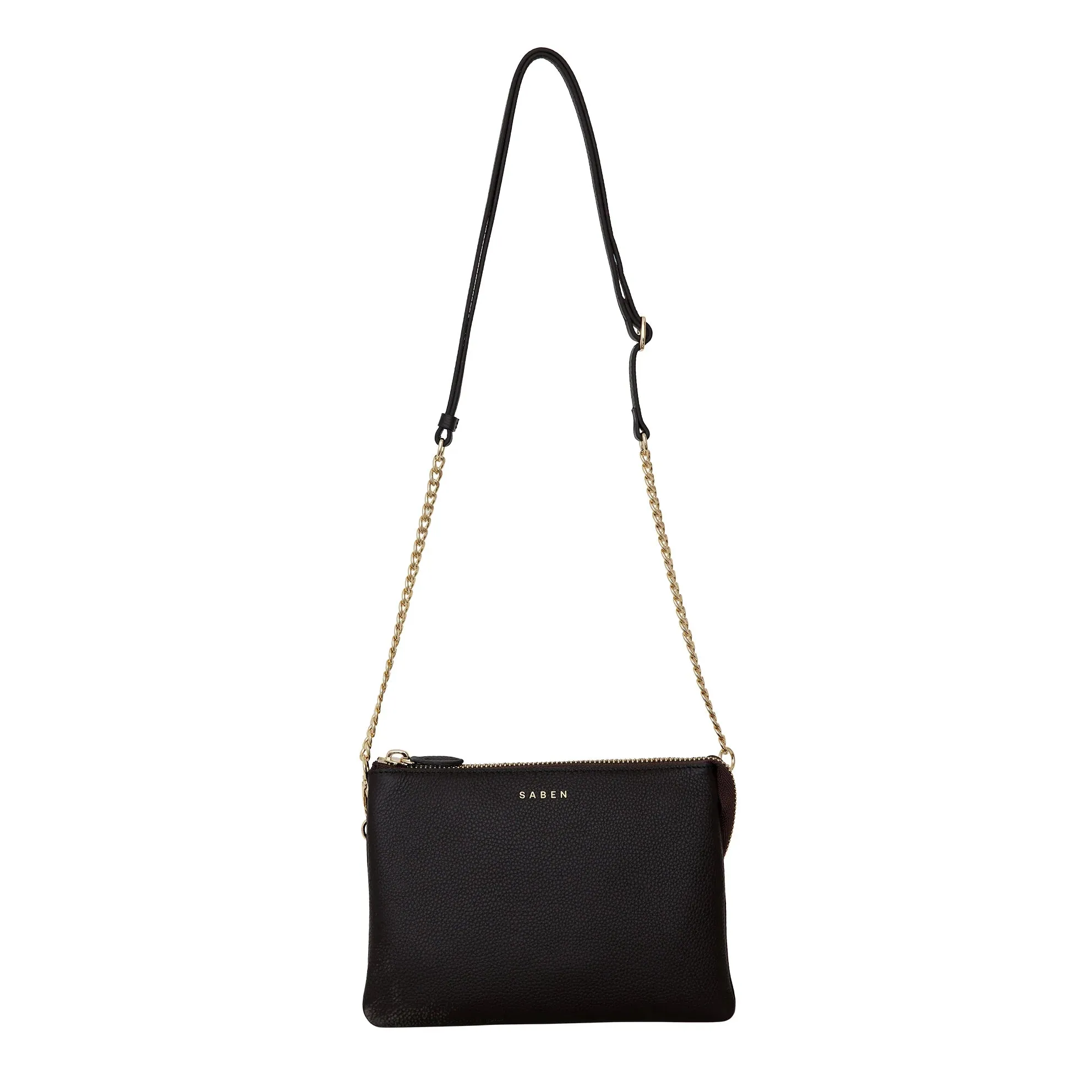 Saben Feature Strap Chain Gold Curb with Black Leather