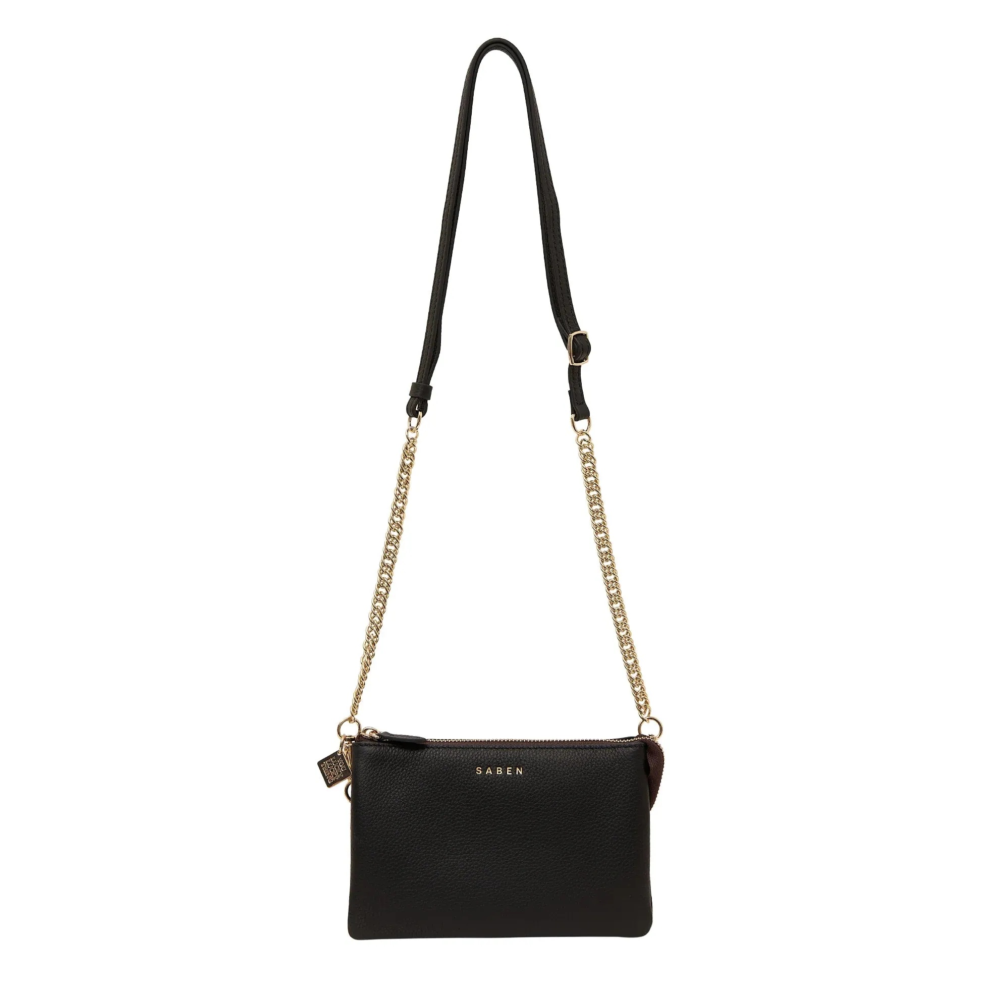Saben Feature Strap Chain Gold Curb with Black Leather