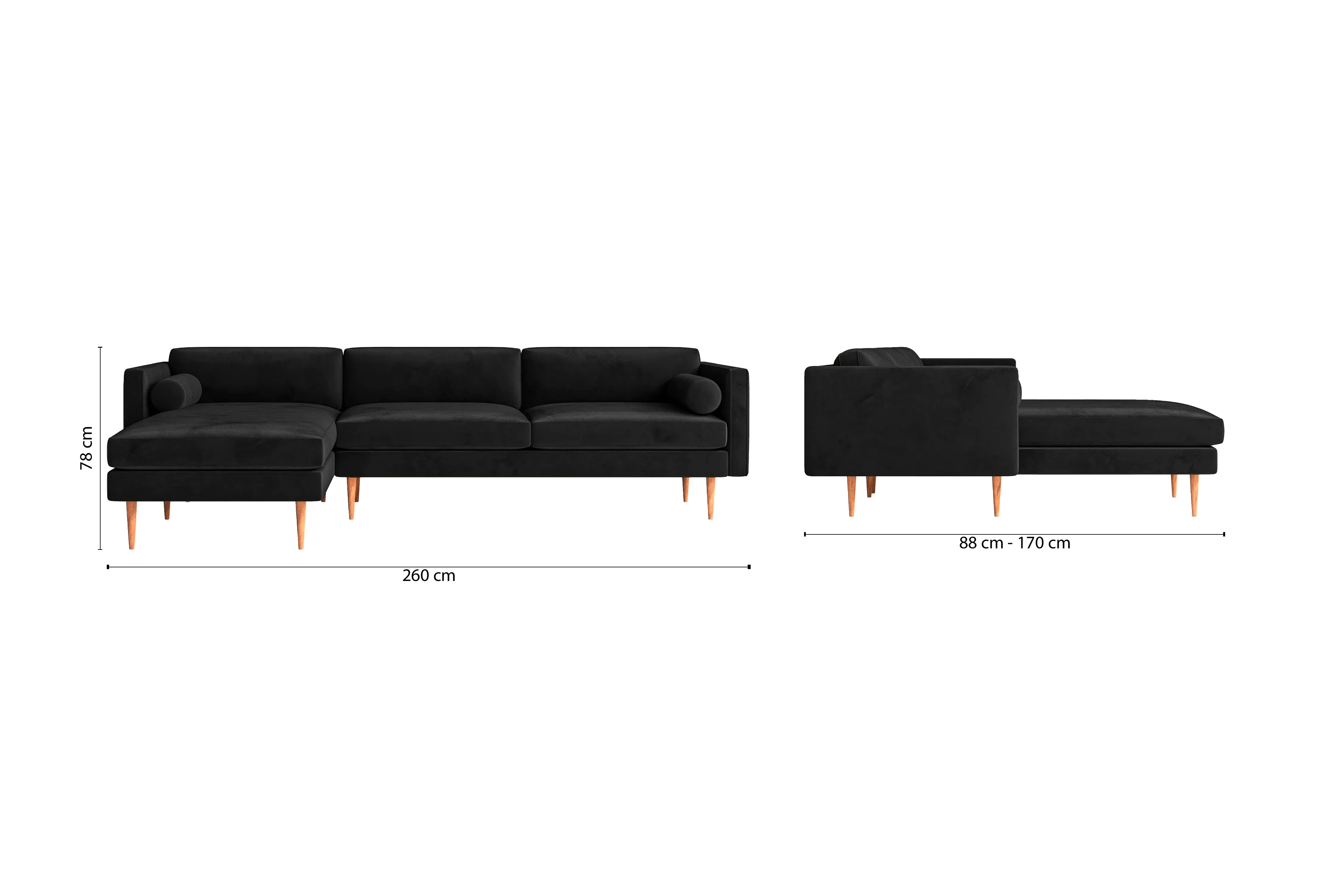 Salerno 3 Seater Left Hand Facing Chaise Lounge Corner Sofa Black Velvet