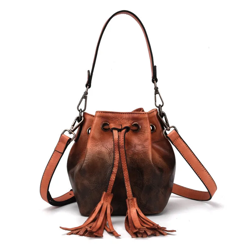 Small Womens Brown Leather Bucket Handbags Purse With Fringe Shoulder Bag for Women