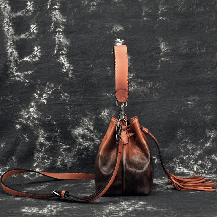 Small Womens Brown Leather Bucket Handbags Purse With Fringe Shoulder Bag for Women