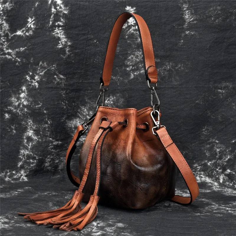 Small Womens Brown Leather Bucket Handbags Purse With Fringe Shoulder Bag for Women