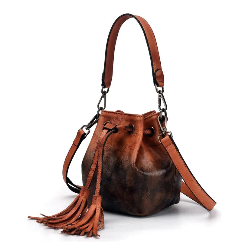Small Womens Brown Leather Bucket Handbags Purse With Fringe Shoulder Bag for Women