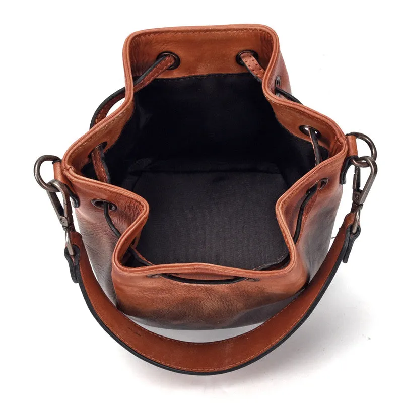 Small Womens Brown Leather Bucket Handbags Purse With Fringe Shoulder Bag for Women