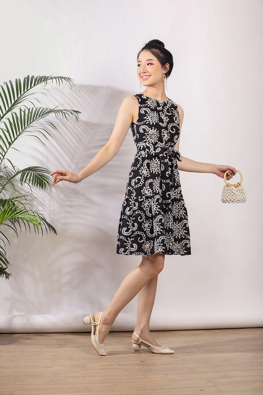 Sophie Eyelet Midi Dress in Black