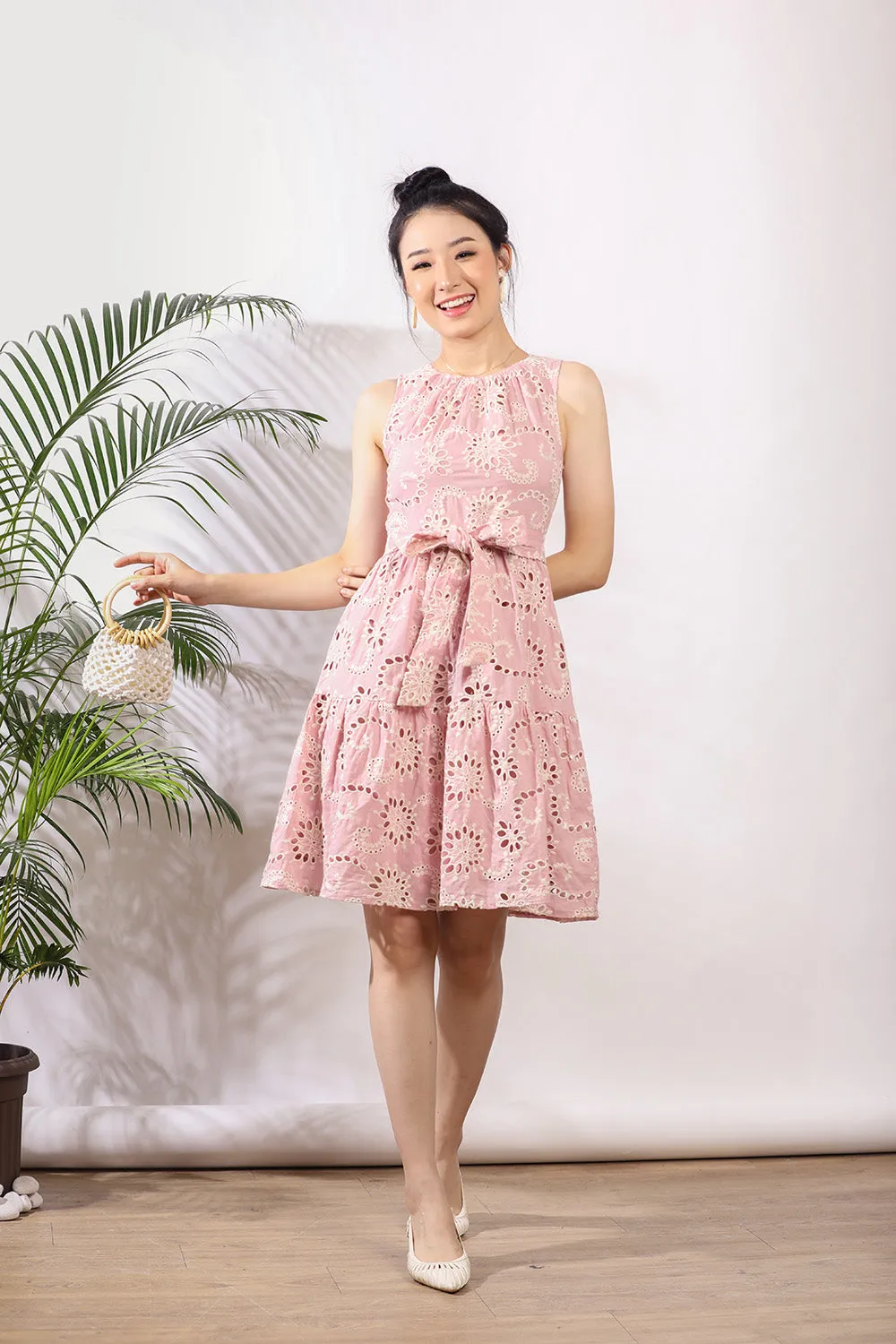 Sophie Eyelet Midi Dress in Pink