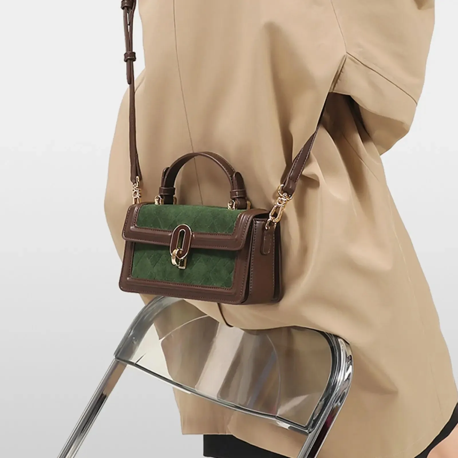 Square Retro Diamond Grid Green Single Shoulder Crossbody Bag
