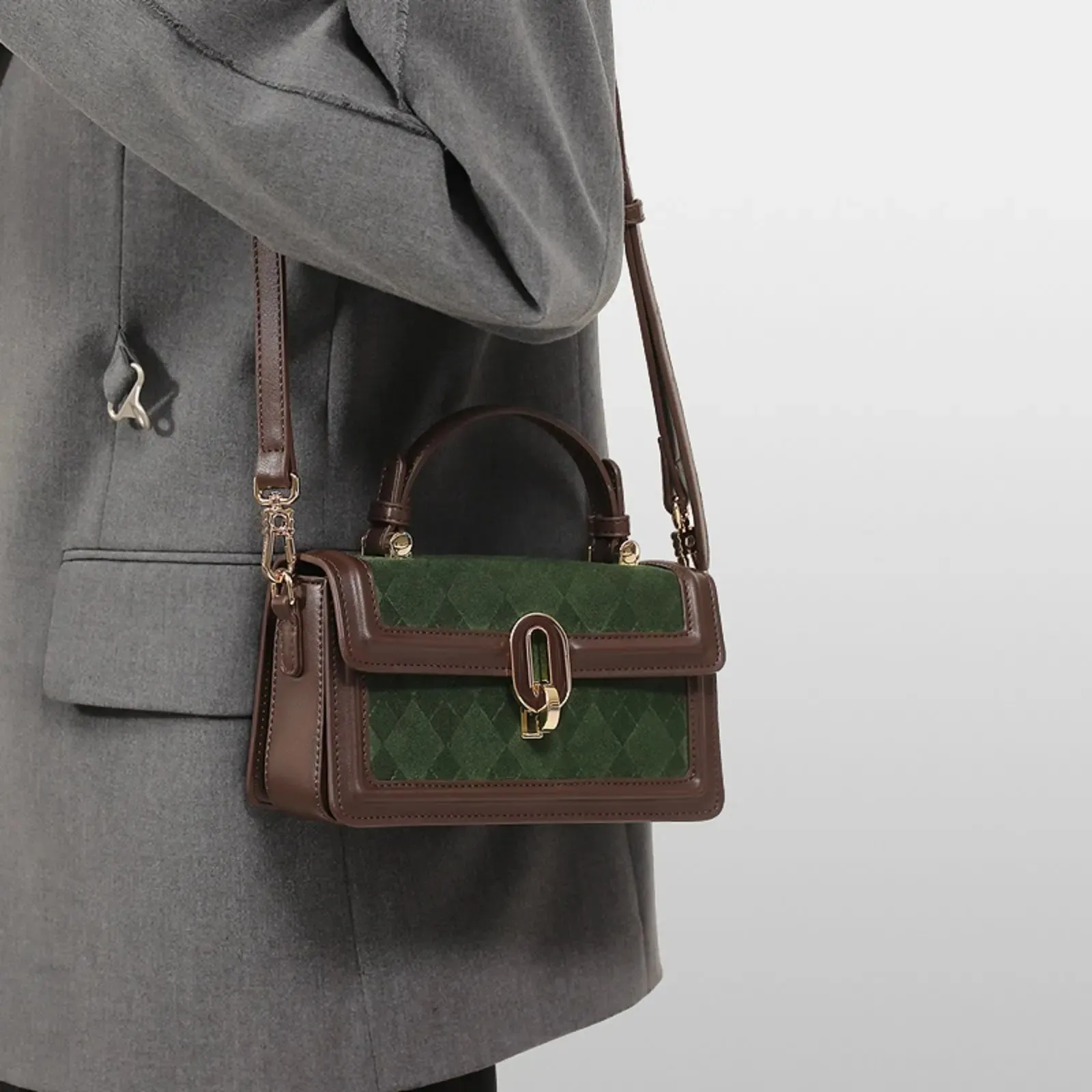 Square Retro Diamond Grid Green Single Shoulder Crossbody Bag
