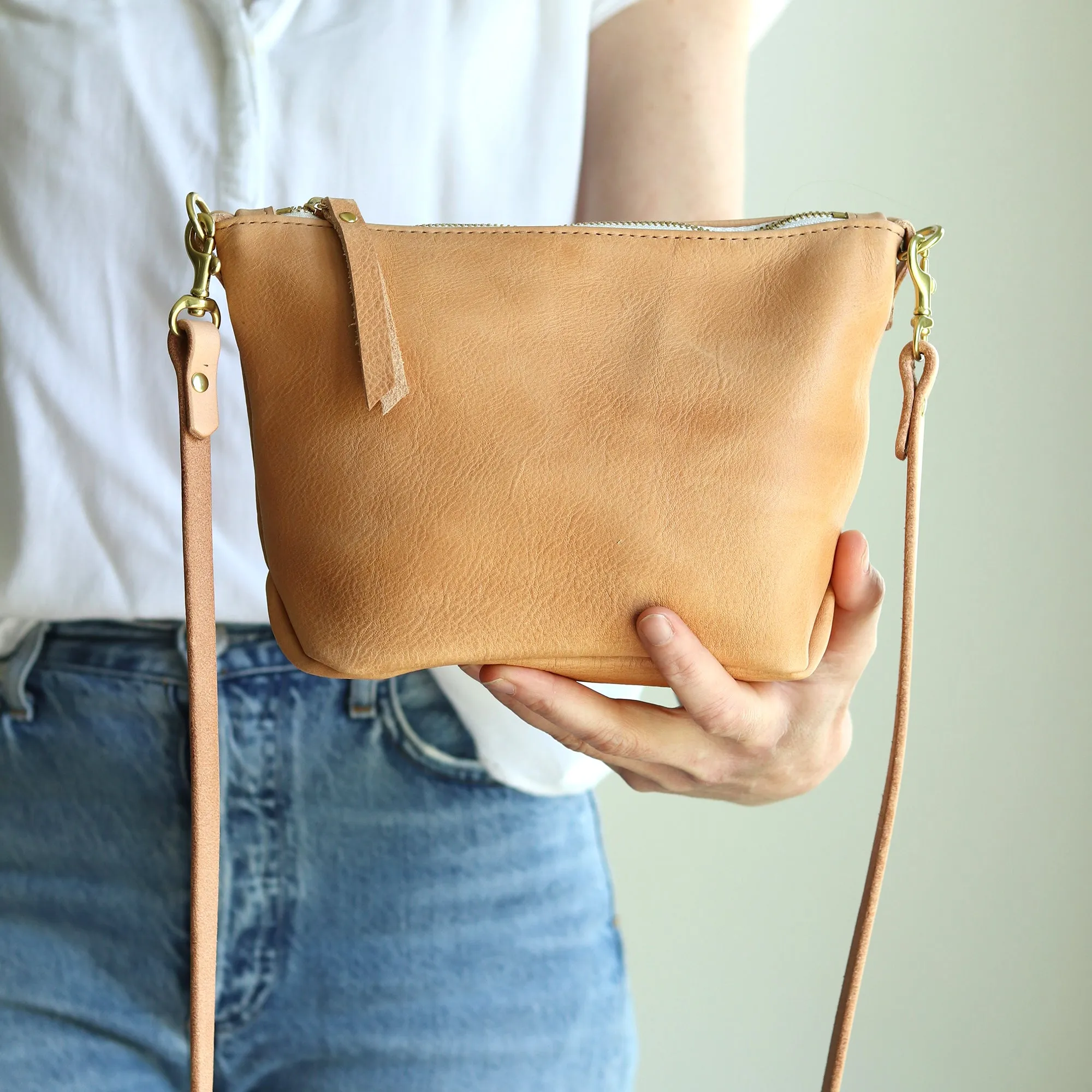 Summer Seconds Sale - Small Leather Convertible Crossbody Clutch Bag - Beige No. 8