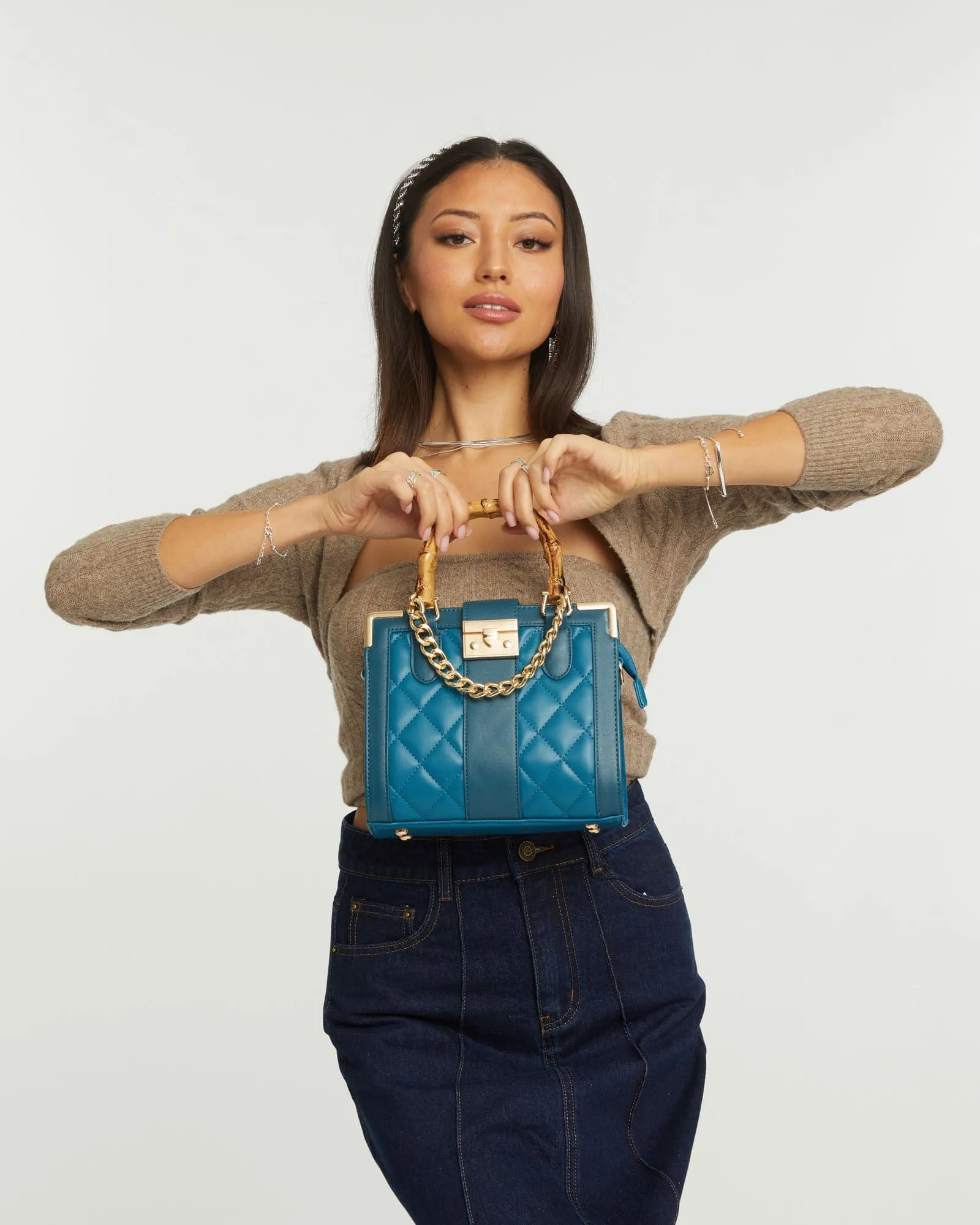 Teal Sia Bamboo Handle Mini Bag
