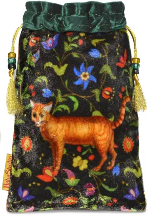 The Ginger Cat bag. Printed on silk velvet. Green velvet.