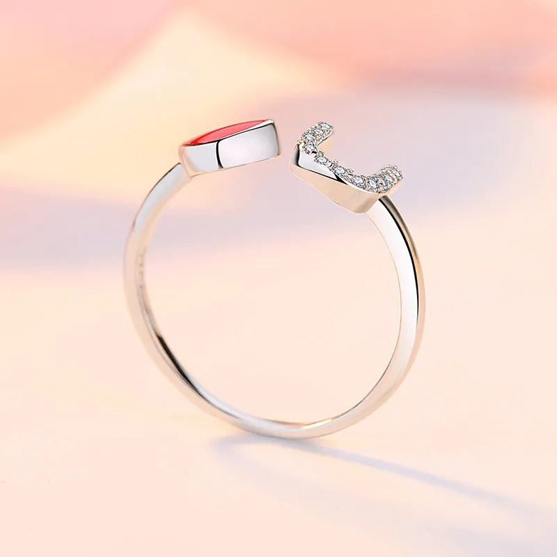 U-shape Zircon with Red Heart Silver Ring