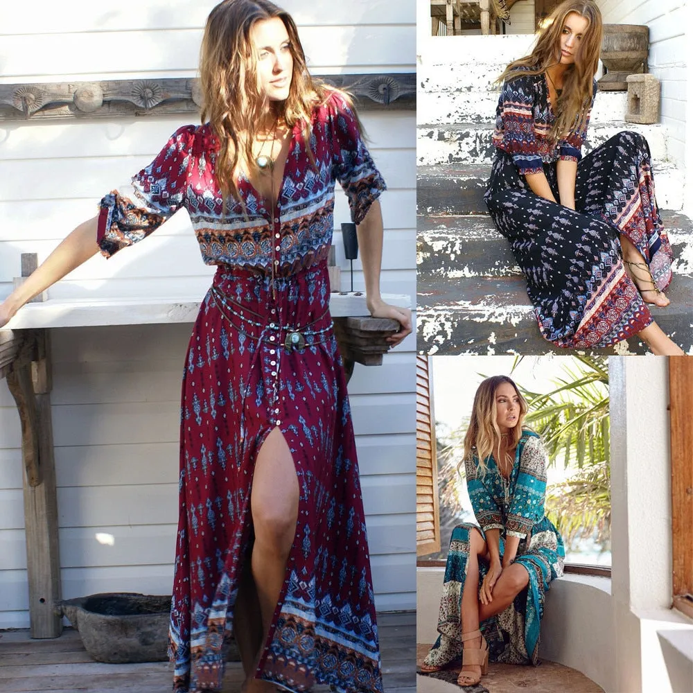 VenusFox Bohemian Retro Floral Maxi Dress