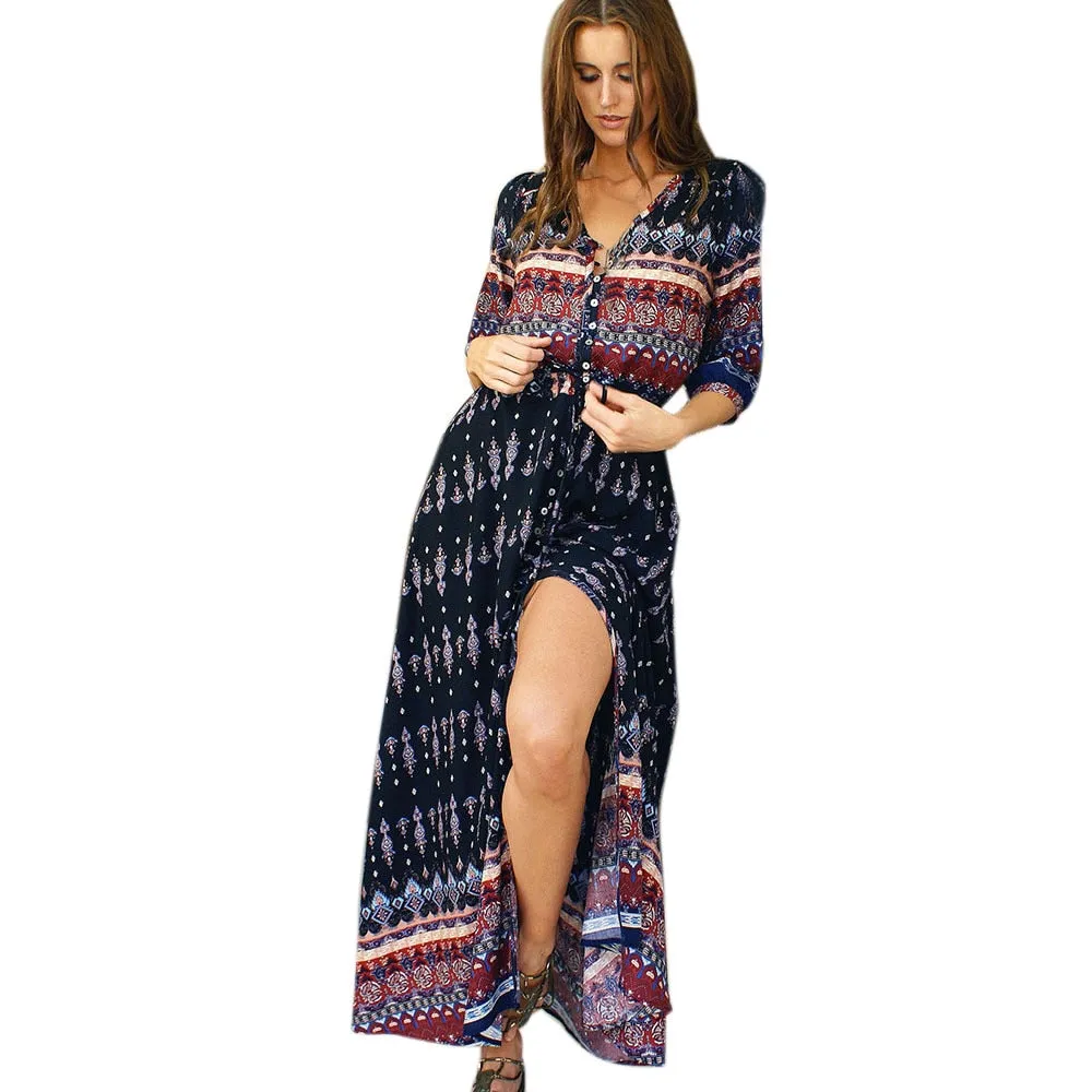 VenusFox Bohemian Retro Floral Maxi Dress