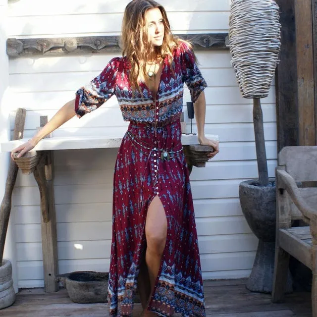 VenusFox Bohemian Retro Floral Maxi Dress