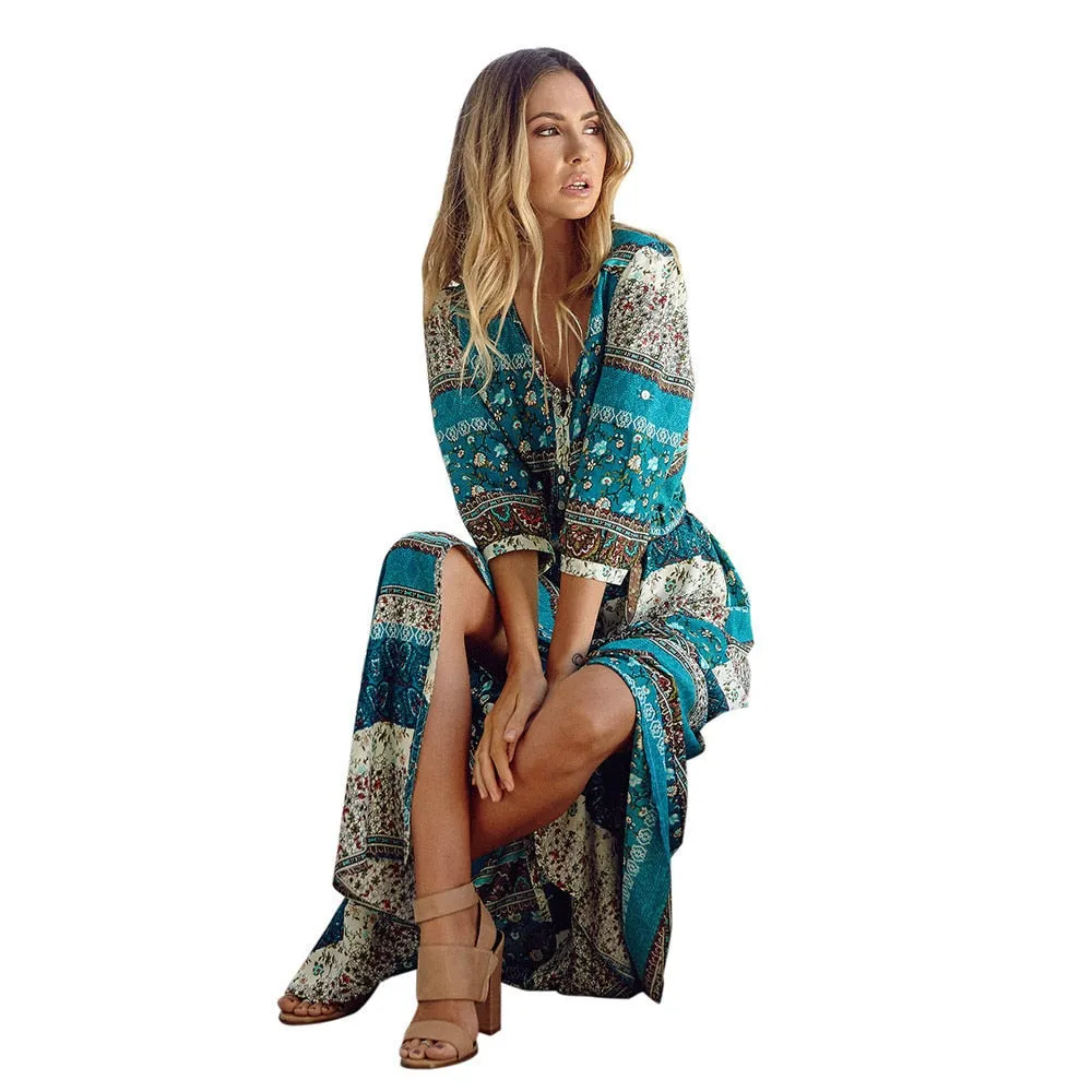 VenusFox Bohemian Retro Floral Maxi Dress