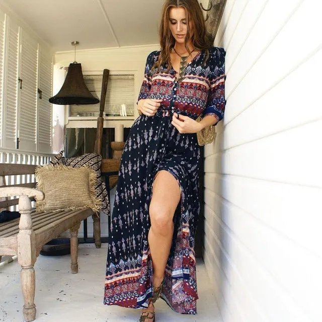VenusFox Bohemian Retro Floral Maxi Dress
