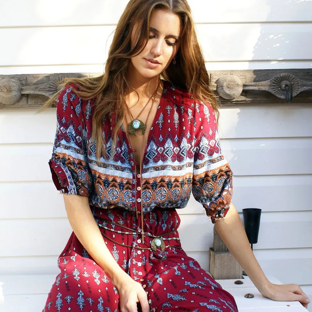 VenusFox Bohemian Retro Floral Maxi Dress