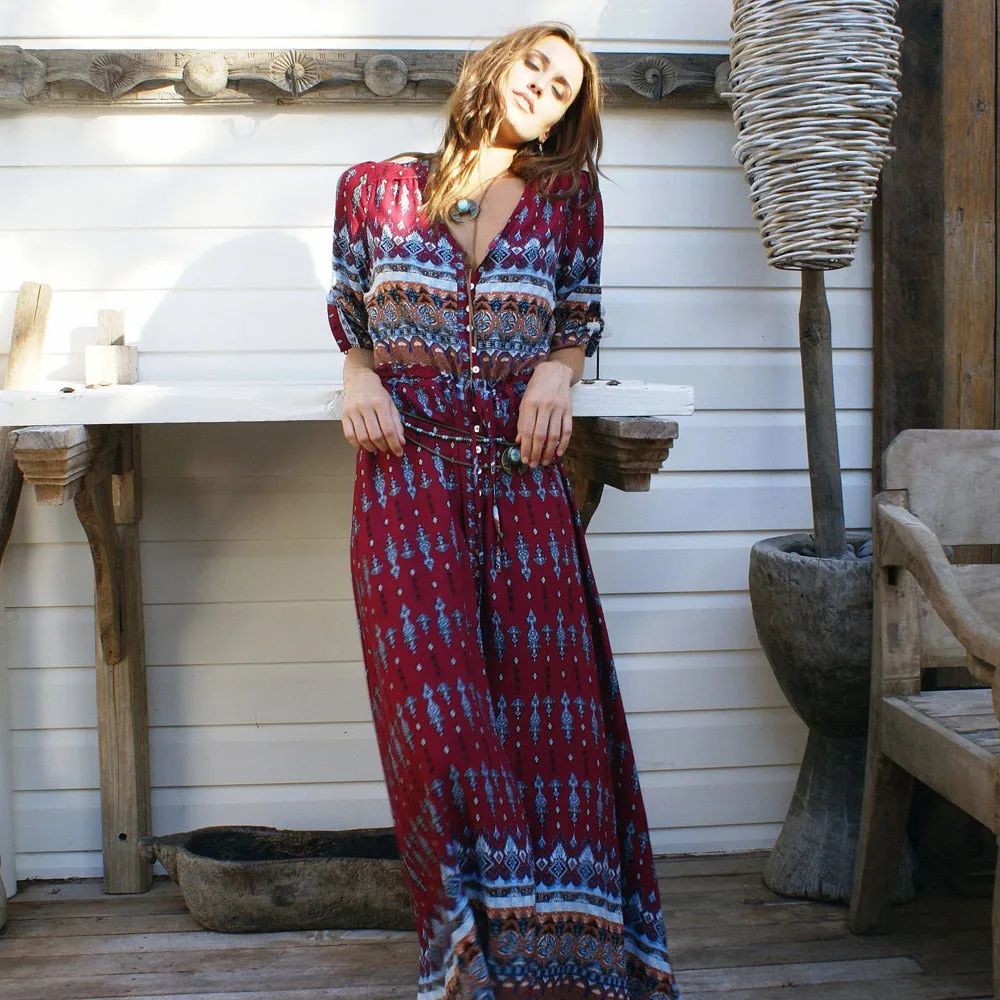 VenusFox Bohemian Retro Floral Maxi Dress