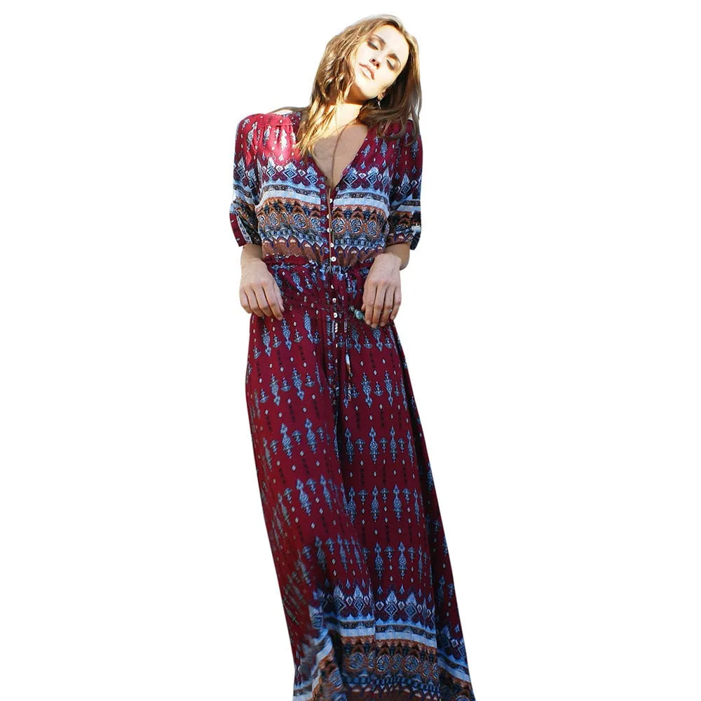 VenusFox Bohemian Retro Floral Maxi Dress