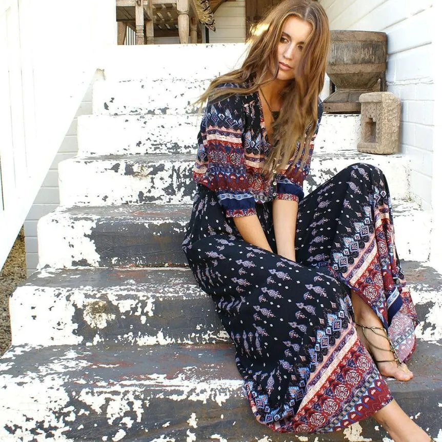 VenusFox Bohemian Retro Floral Maxi Dress