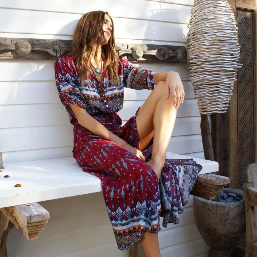 VenusFox Bohemian Retro Floral Maxi Dress