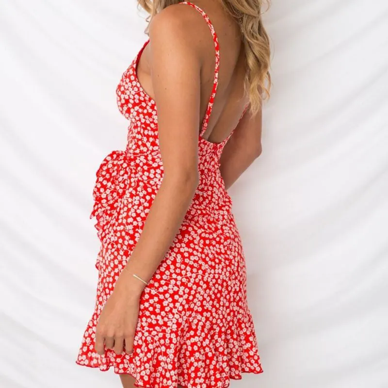 VenusFox Sexy Ruffles Backless Boho Floral Dress