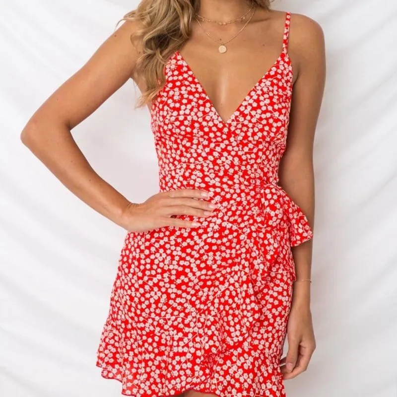 VenusFox Sexy Ruffles Backless Boho Floral Dress