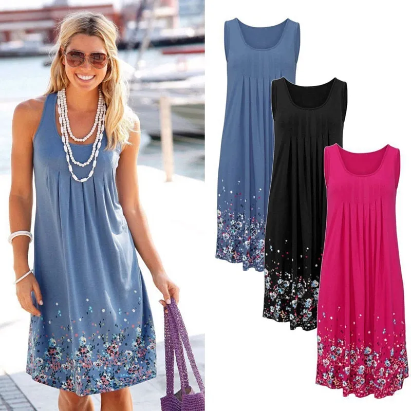 VenusFox Sleeveless Floral Print Loose Dress Six Colors