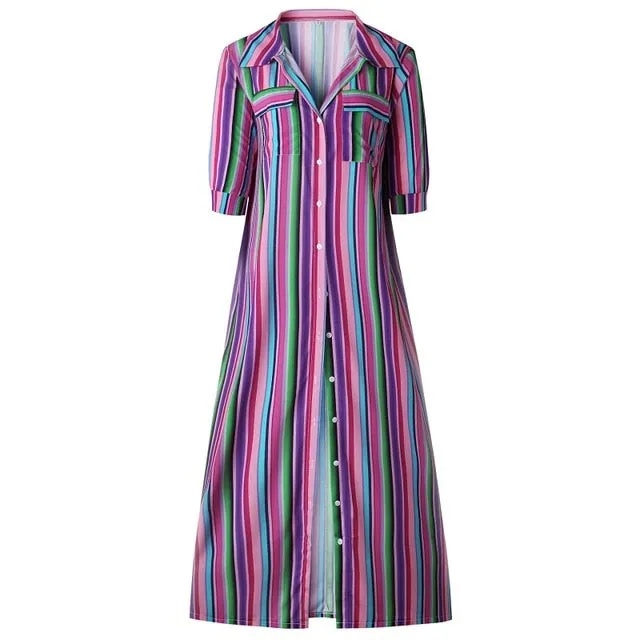 VenusFox Vintage Boho Striped Casual Long Dress