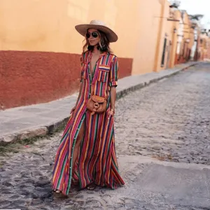 VenusFox Vintage Boho Striped Casual Long Dress