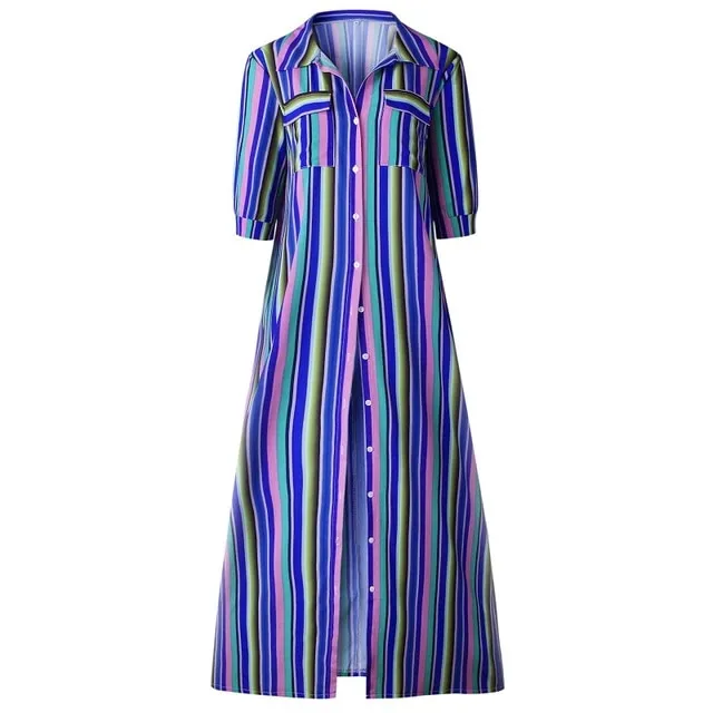 VenusFox Vintage Boho Striped Casual Long Dress