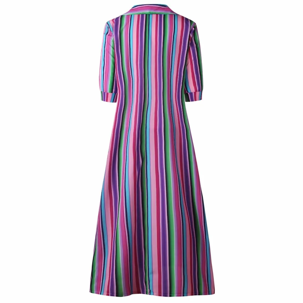 VenusFox Vintage Boho Striped Casual Long Dress