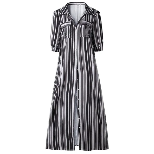 VenusFox Vintage Boho Striped Casual Long Dress