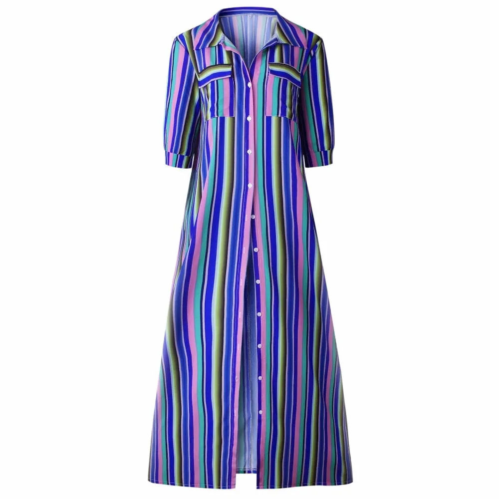 VenusFox Vintage Boho Striped Casual Long Dress
