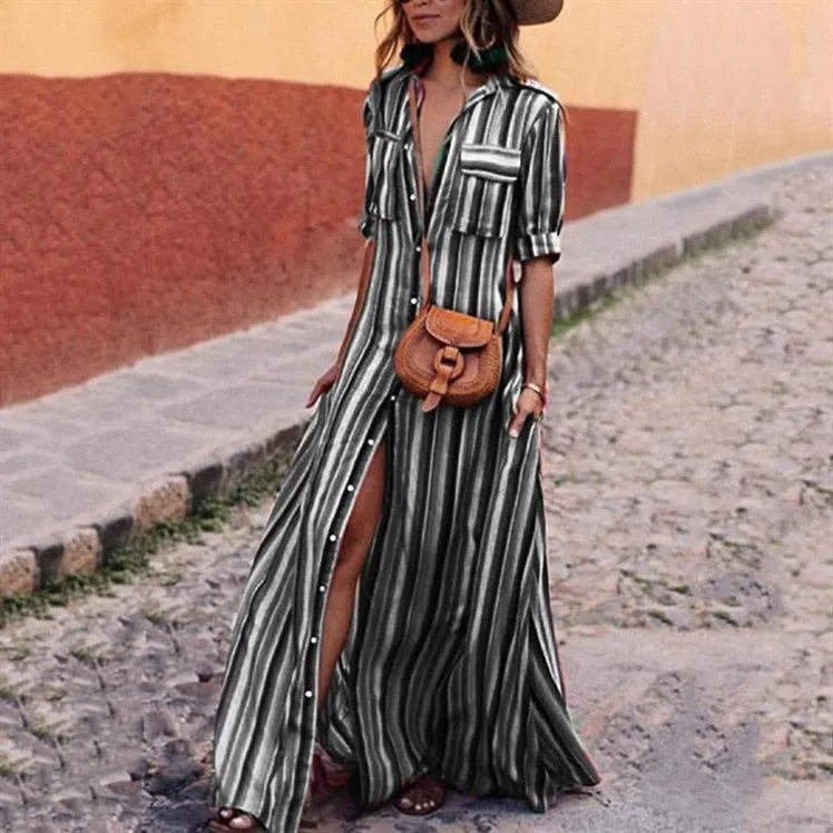 VenusFox Vintage Boho Striped Casual Long Dress