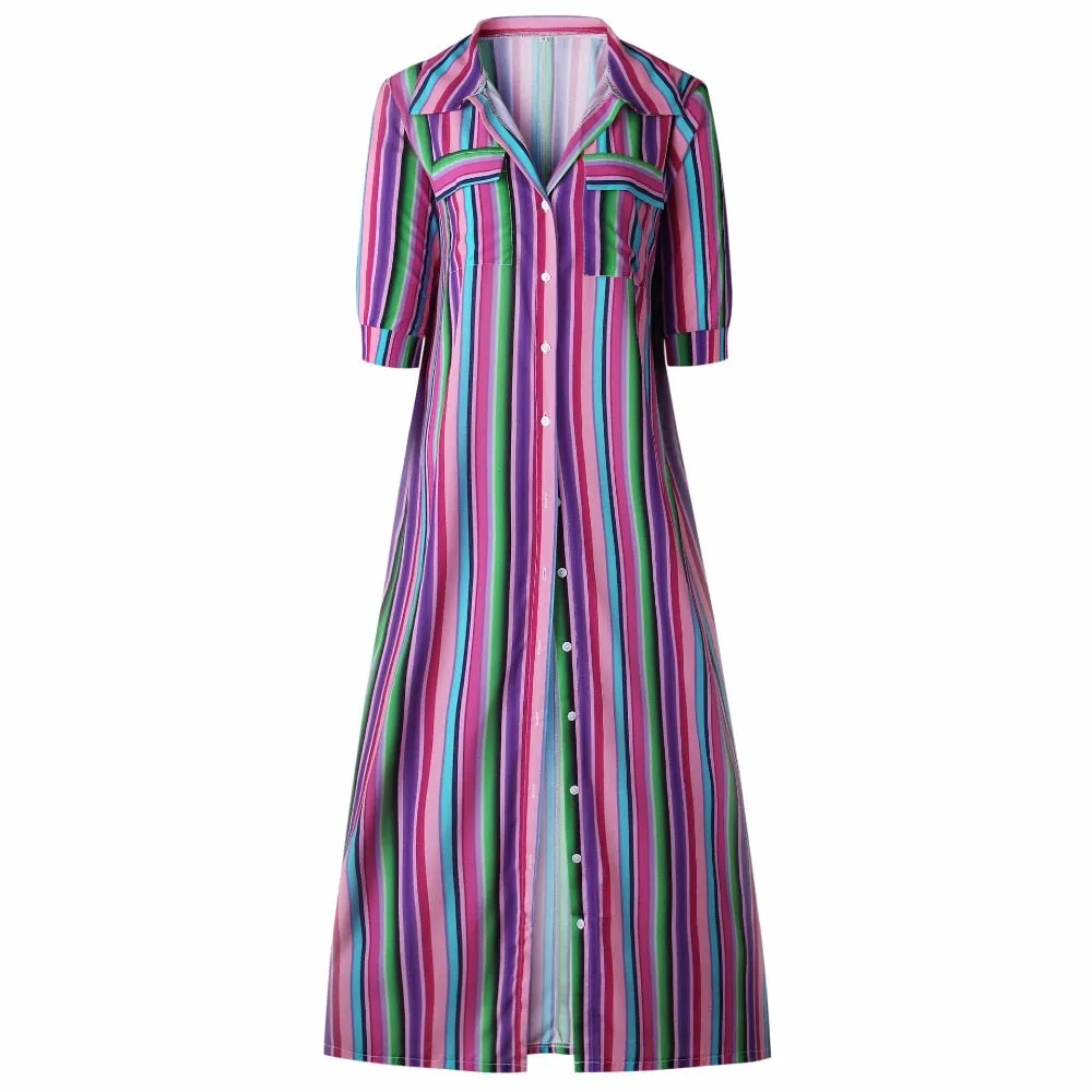 VenusFox Vintage Boho Striped Casual Long Dress