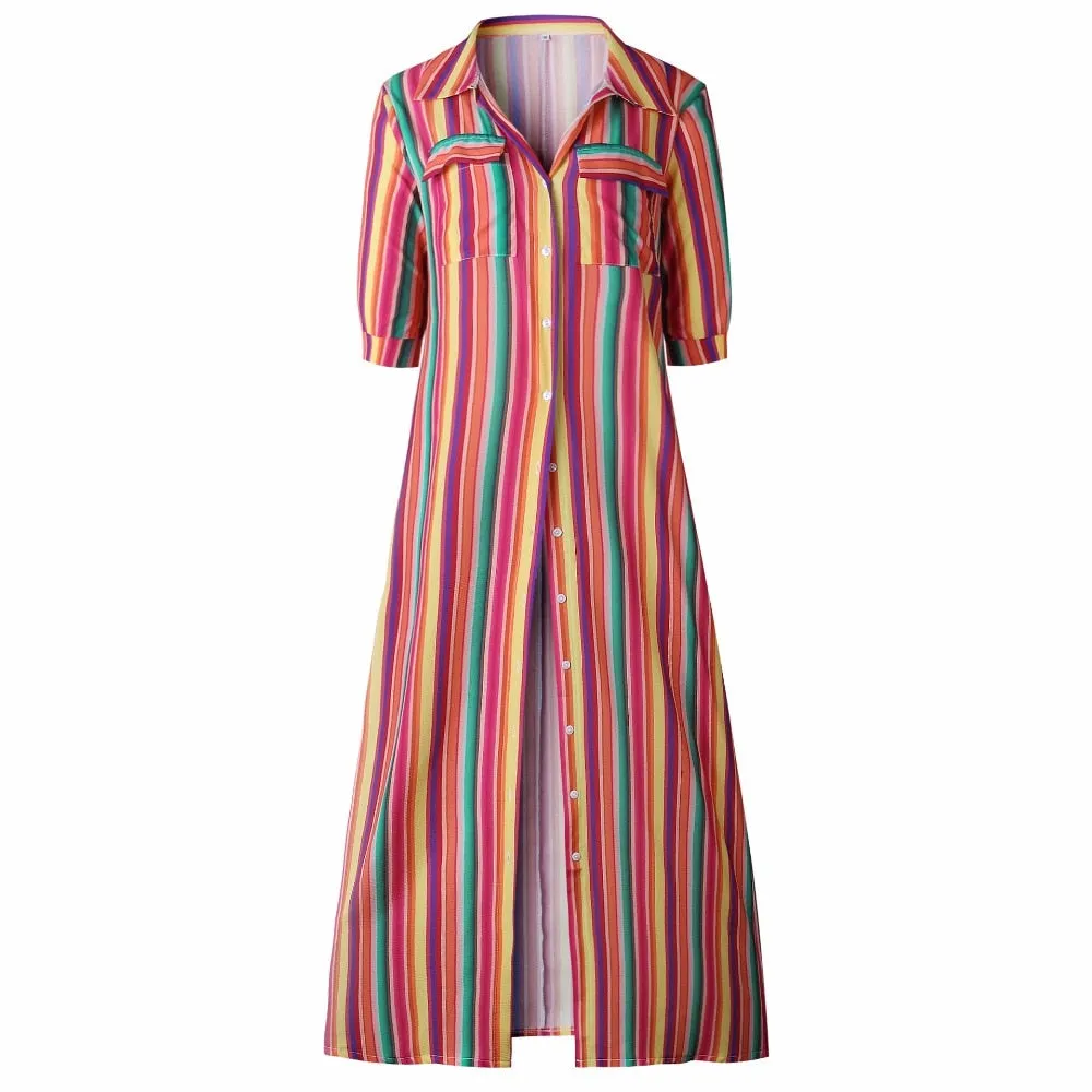 VenusFox Vintage Boho Striped Casual Long Dress