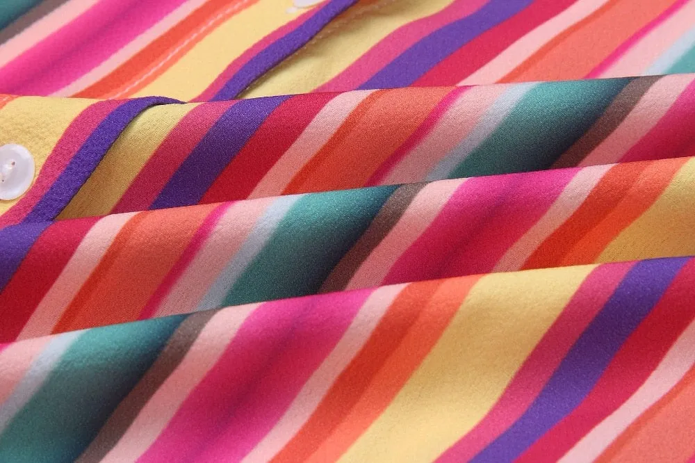 VenusFox Vintage Boho Striped Casual Long Dress