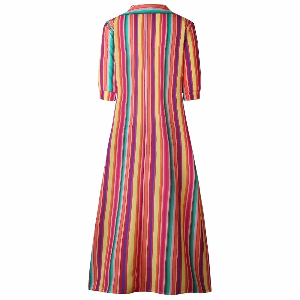 VenusFox Vintage Boho Striped Casual Long Dress