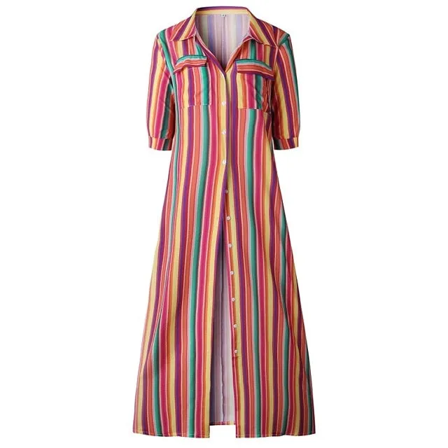 VenusFox Vintage Boho Striped Casual Long Dress