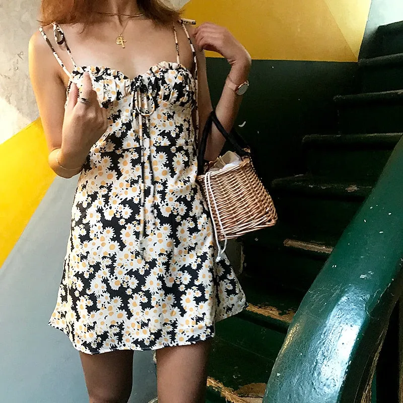 VenusFox Vintage Yellow Floral Casual backless Mini Dress